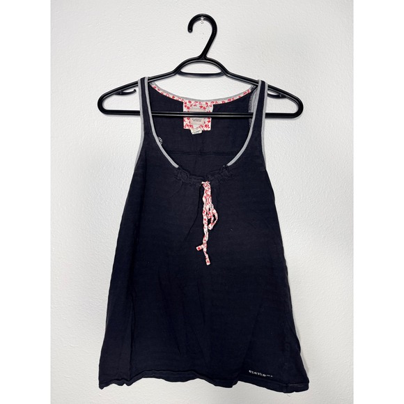 Element Tops - Element Womens Cotton Tank Top Black Floral Tie Neck Sleeveless Shirt Size M